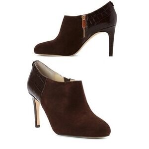 Michael Kors Sammy Ankle Boots Brown Suede Leather Embossed Zip Heel 9.5